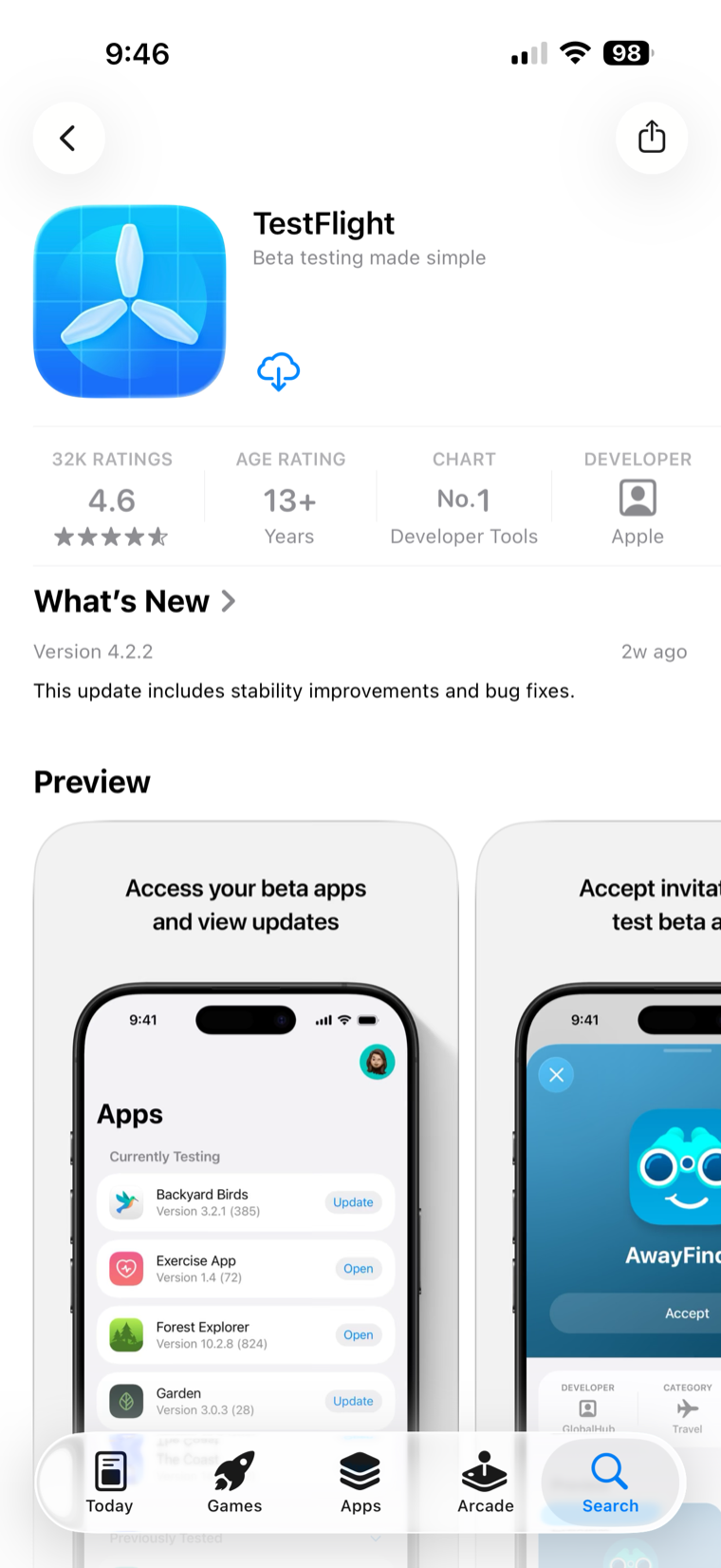 The App Store page for TestFlight — tap Get to install Apple’s free TestFlight app.
