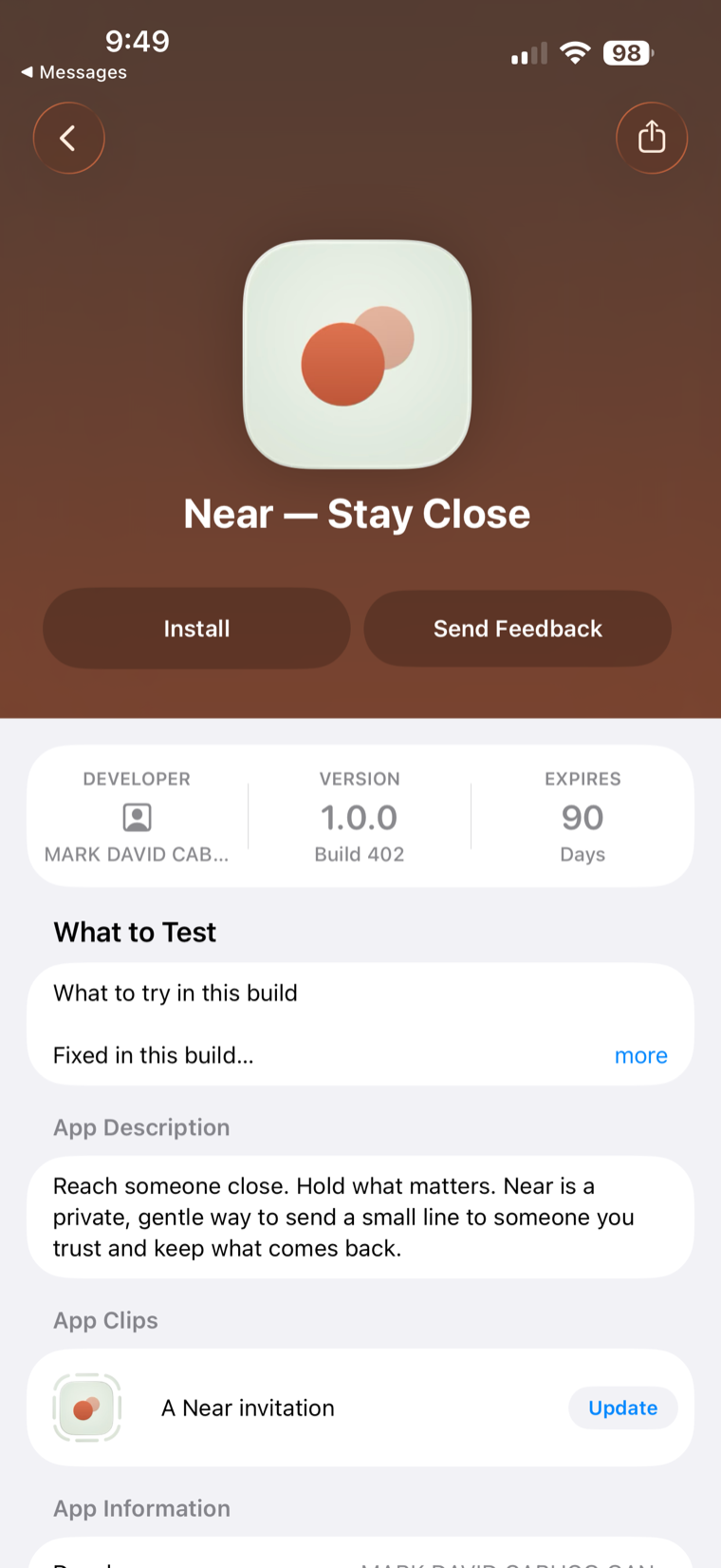 A TestFlight invite — tap Install to add Return to your iPhone.