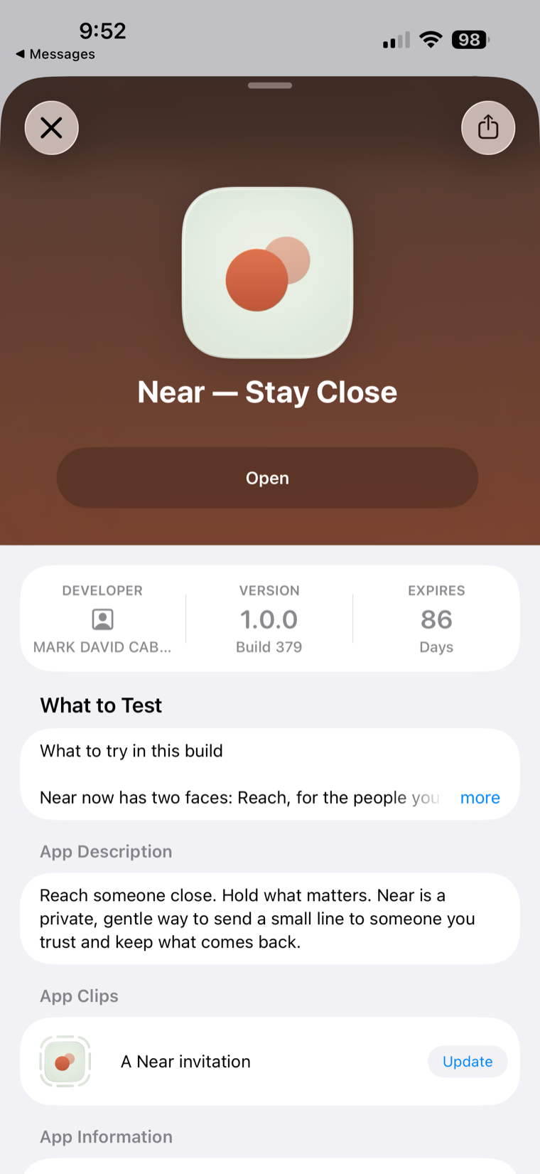 Return added in TestFlight — tap Open to launch it.