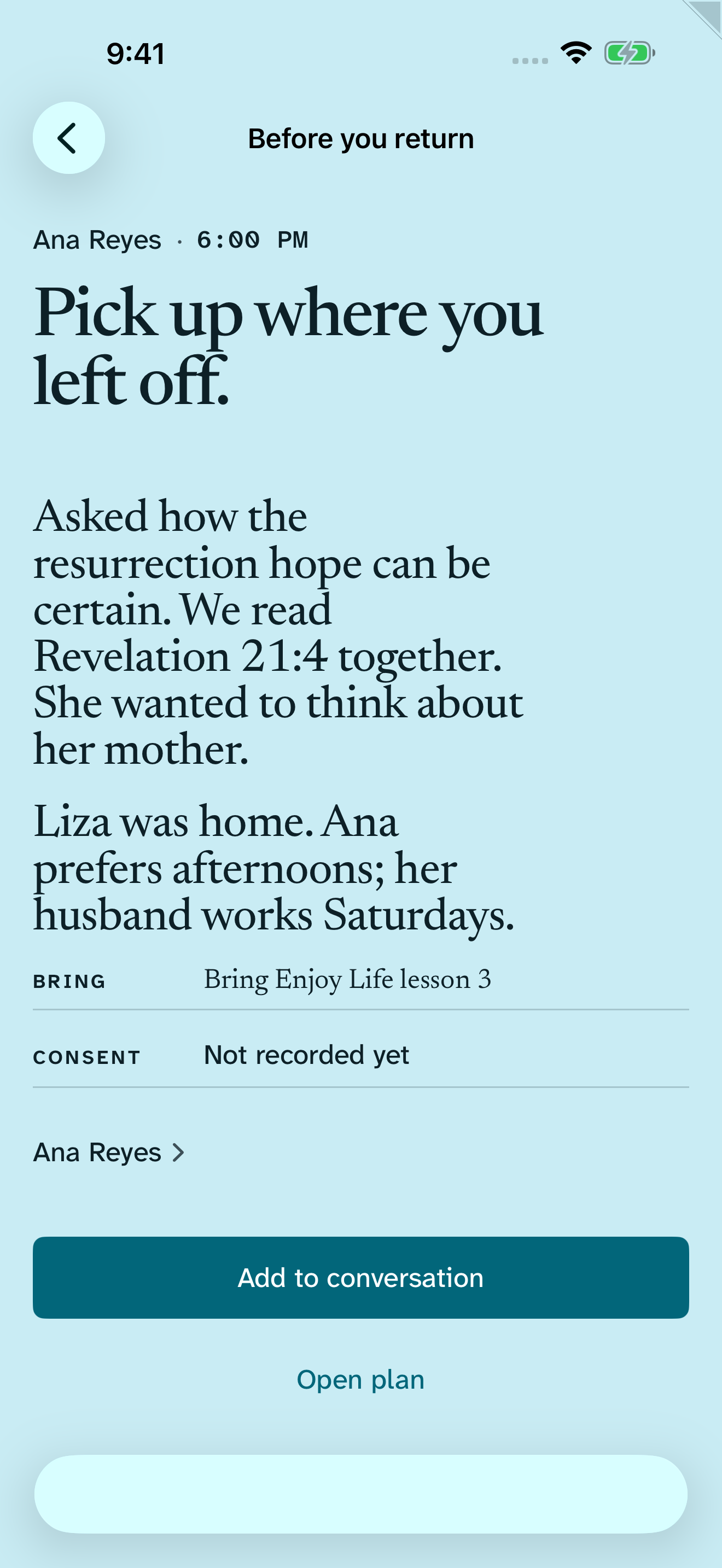 Return’s Before you return screen with the prior conversation, a planned time, and Open plan.