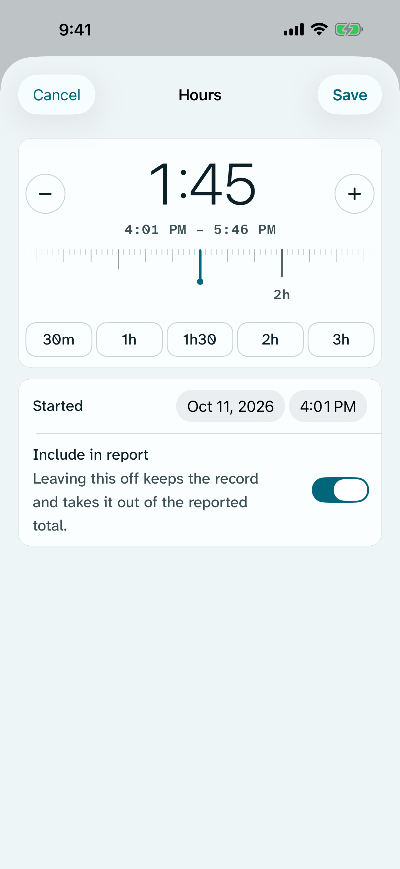The hours editor in Return: 1:45 in large type above a sliding ruler, the start and end times, and chips for 30m, 1h, 1h30, 2h and 3h.
