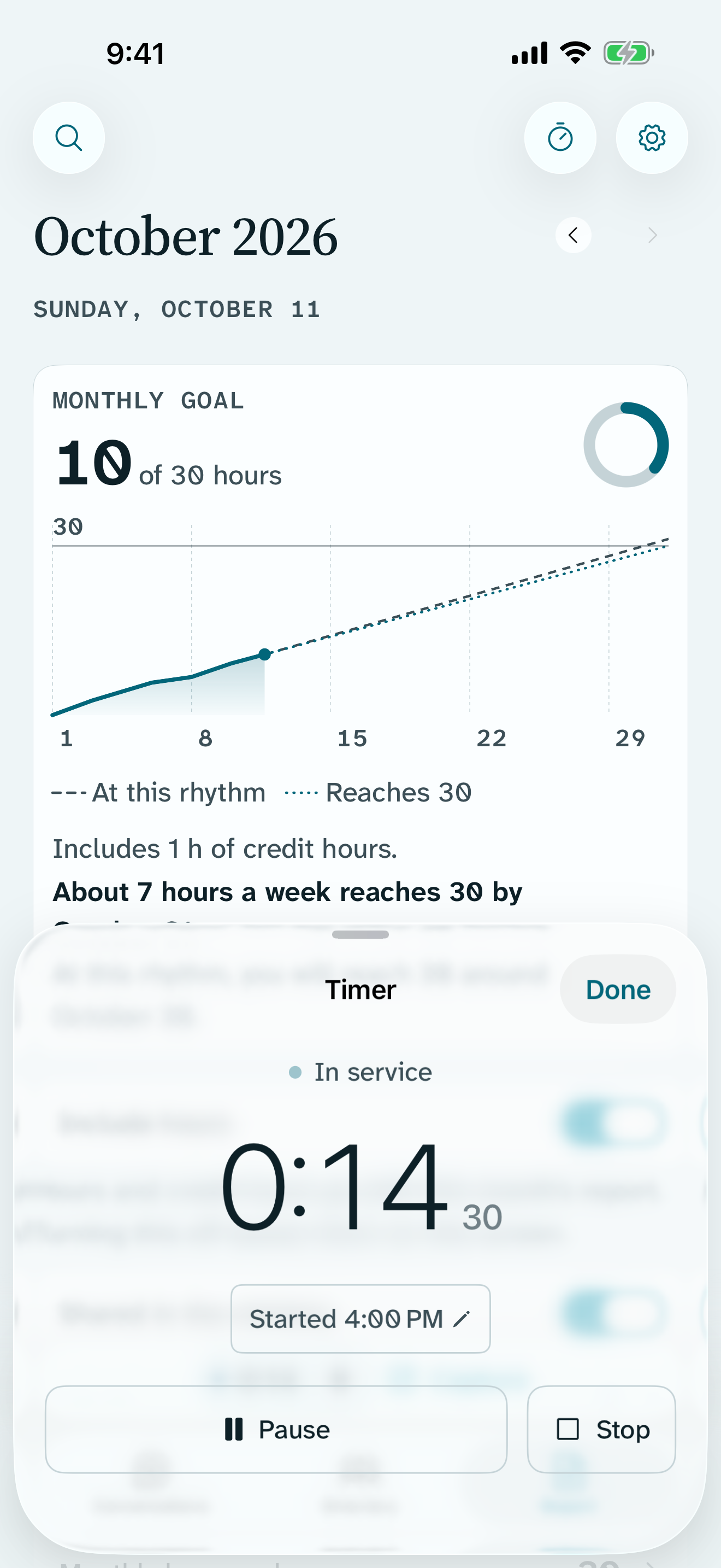 The ministry timer in Return running in a small sheet over the Report screen, with hours and minutes in large type and Pause and Stop below.
