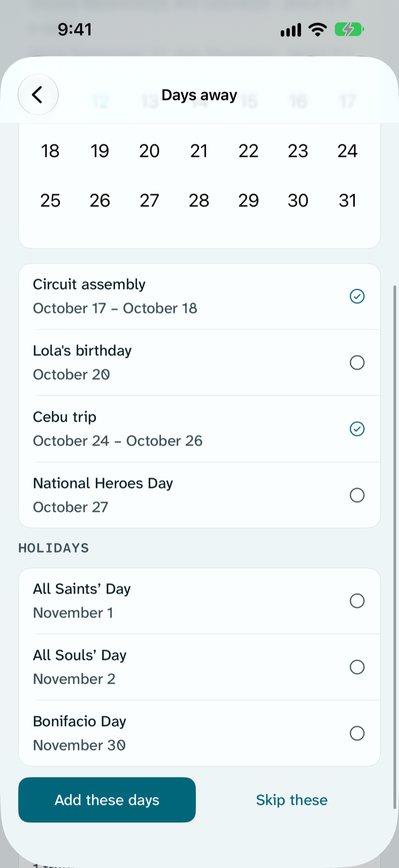 Suggestions from the calendar: a circuit assembly and a trip checked as days away, a birthday unchecked, and holidays listed unchecked.