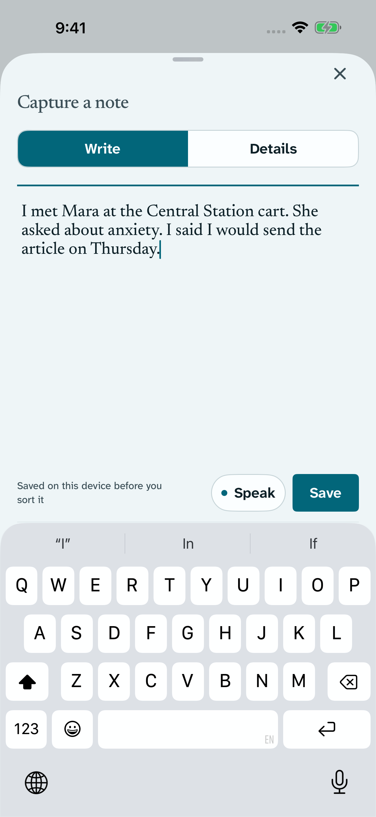Return’s Write capture with Write and Details, ready to save a conversation before assigning any details.