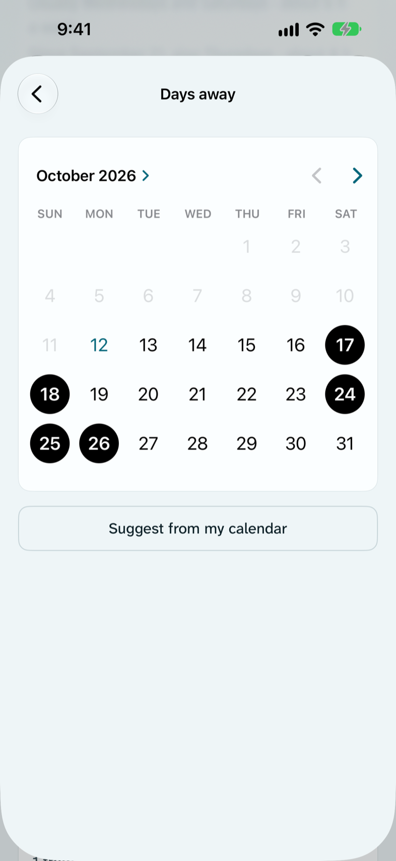 Days away in the goal editor: a calendar with several days marked as days away.