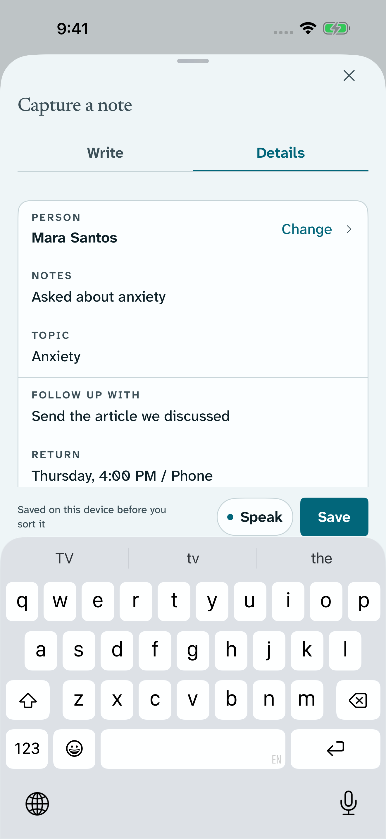 Return’s Details capture with Mara Santos selected, notes, and a planned return time.