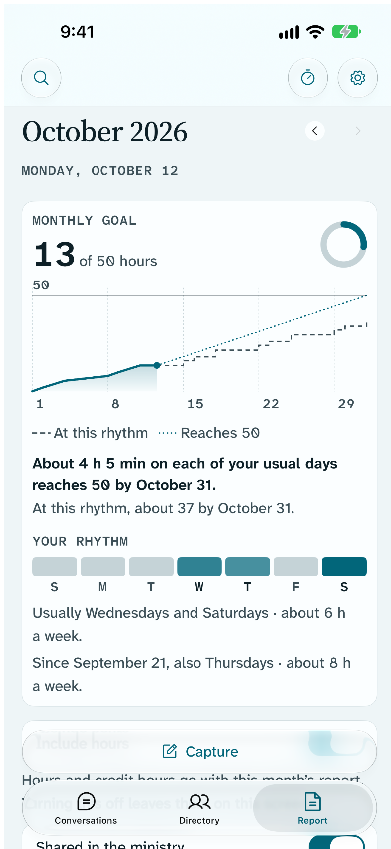 The goal card for a Supporter with Your rhythm: Wednesday, Thursday and Saturday filled, usually Wednesdays and Saturdays, about 6 h a week, and the pace on each usual day.