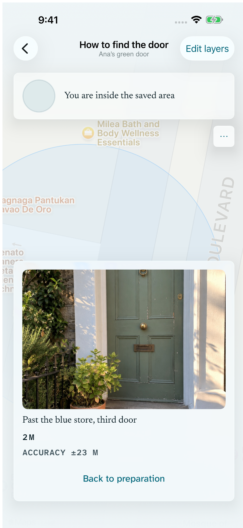Return showing a saved area in Apple Maps alongside the publisher’s own doorway and landmark notes.