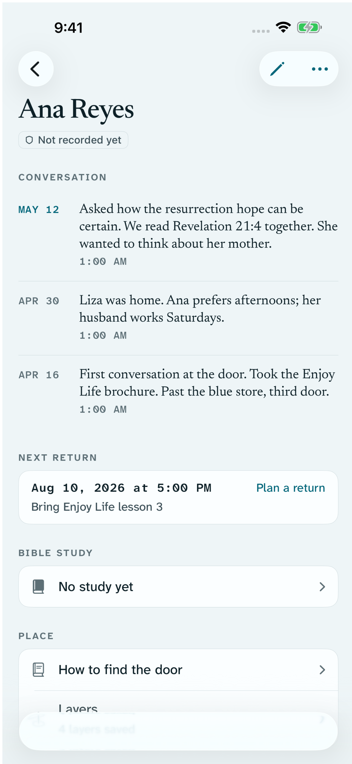 A person conversation in Return, with the next return and place kept on the same page.