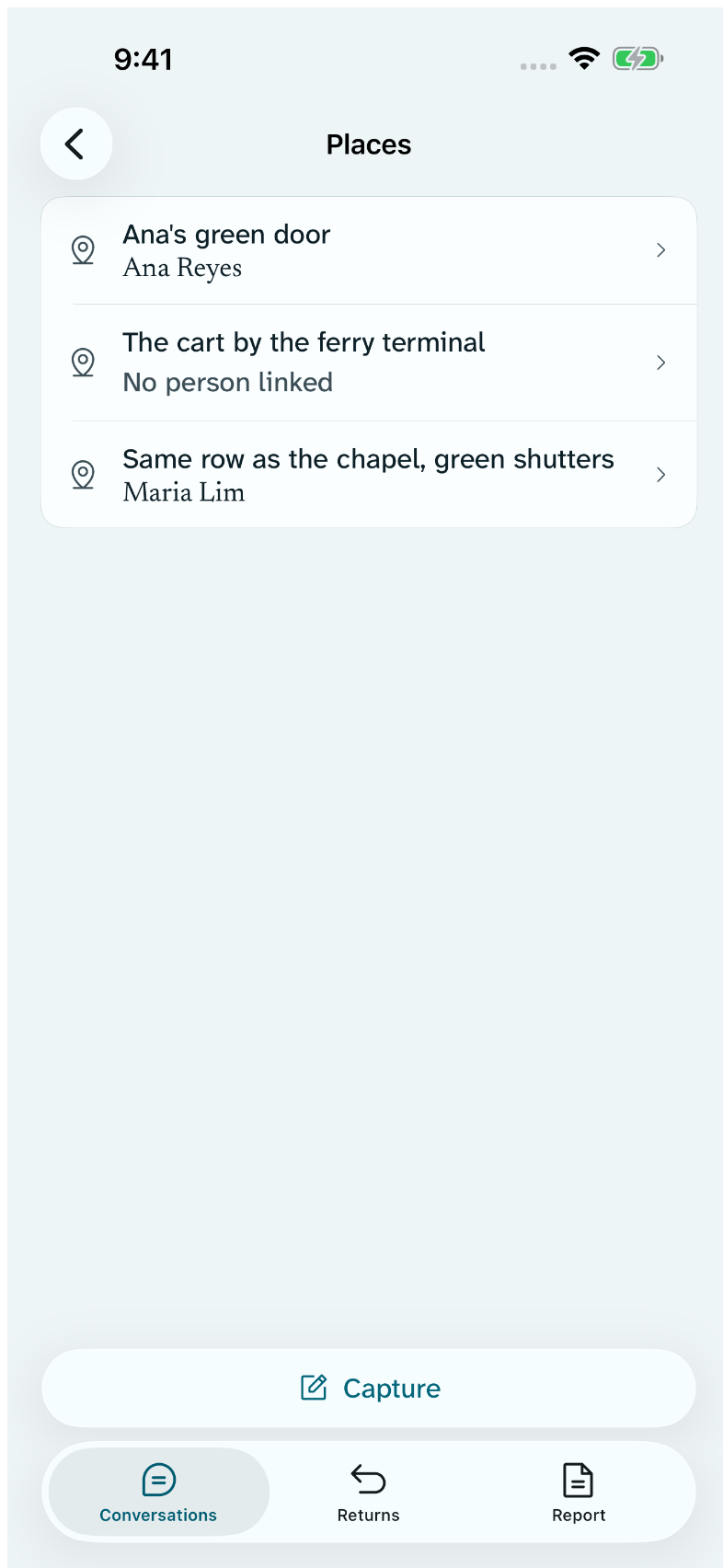 Every saved place in Return in one list, each called what the publisher decided to call it, with the linked person named beneath.