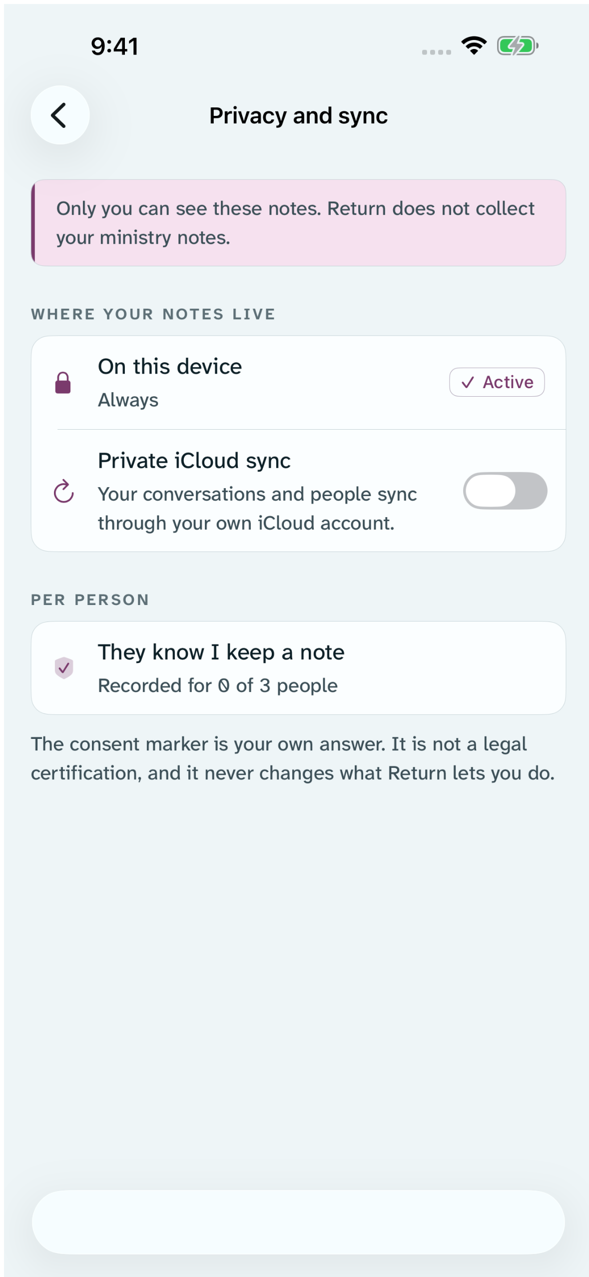 Return’s Privacy and Sync settings showing controls for the publisher’s notes.