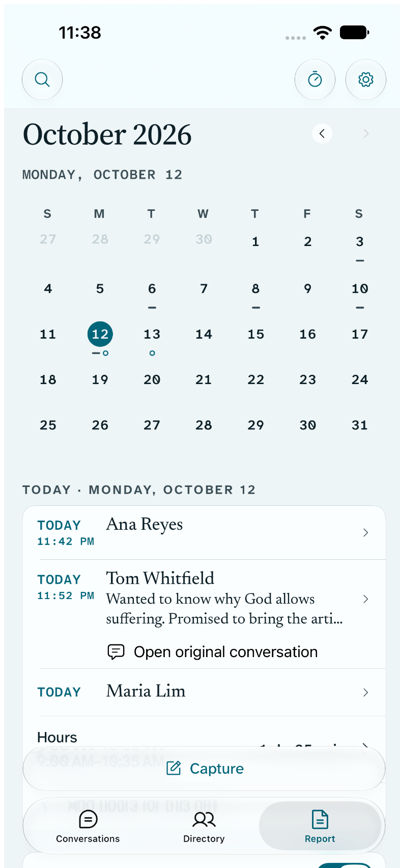 Report in Return: Include hours, Shared in the ministry, Hours 9, Credit hours 1, the monthly hour goal row, and the ministry report slip for October 2026.