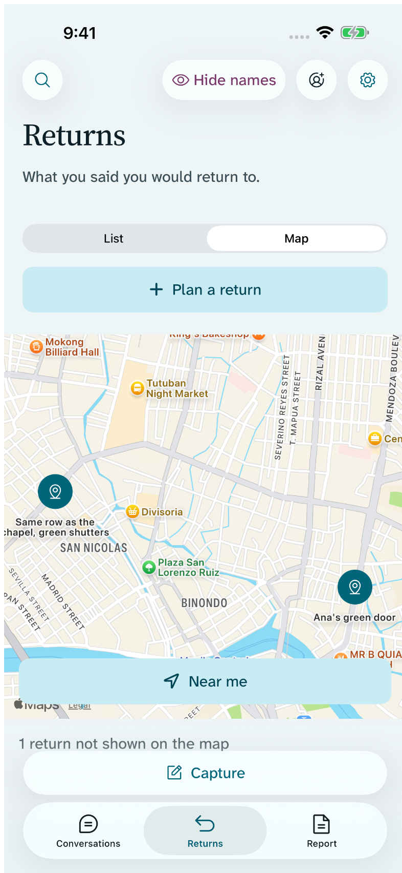 Return’s open returns as markers on a map, with the return whose place has no pin disclosed plainly beneath it.