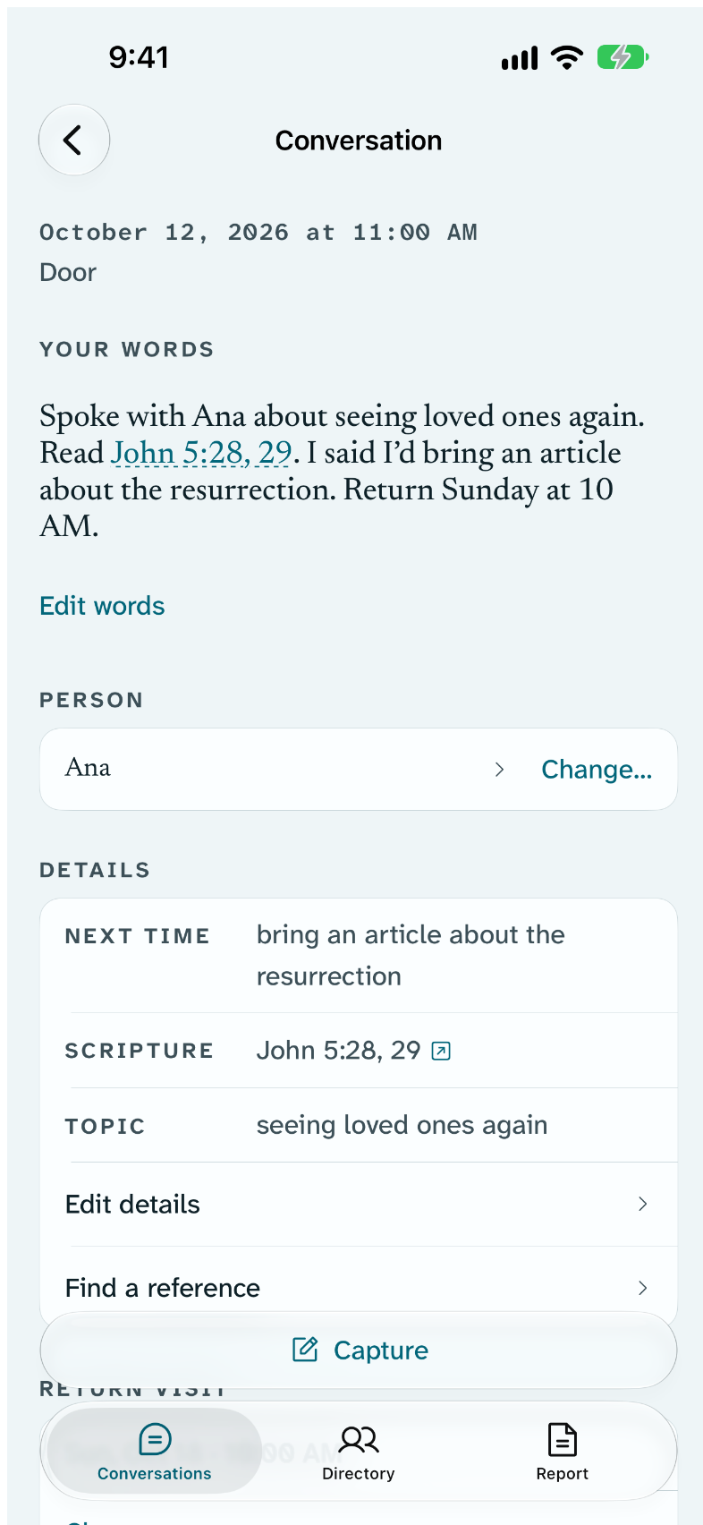A kept Conversation in Return: the publisher’s words exactly as written, with Edit words, the person, Ana, and the details beneath — Next time, bring an article about the resurrection; Scripture, John 5:28, 29; Topic, seeing loved ones again — with Edit details and Find a reference.