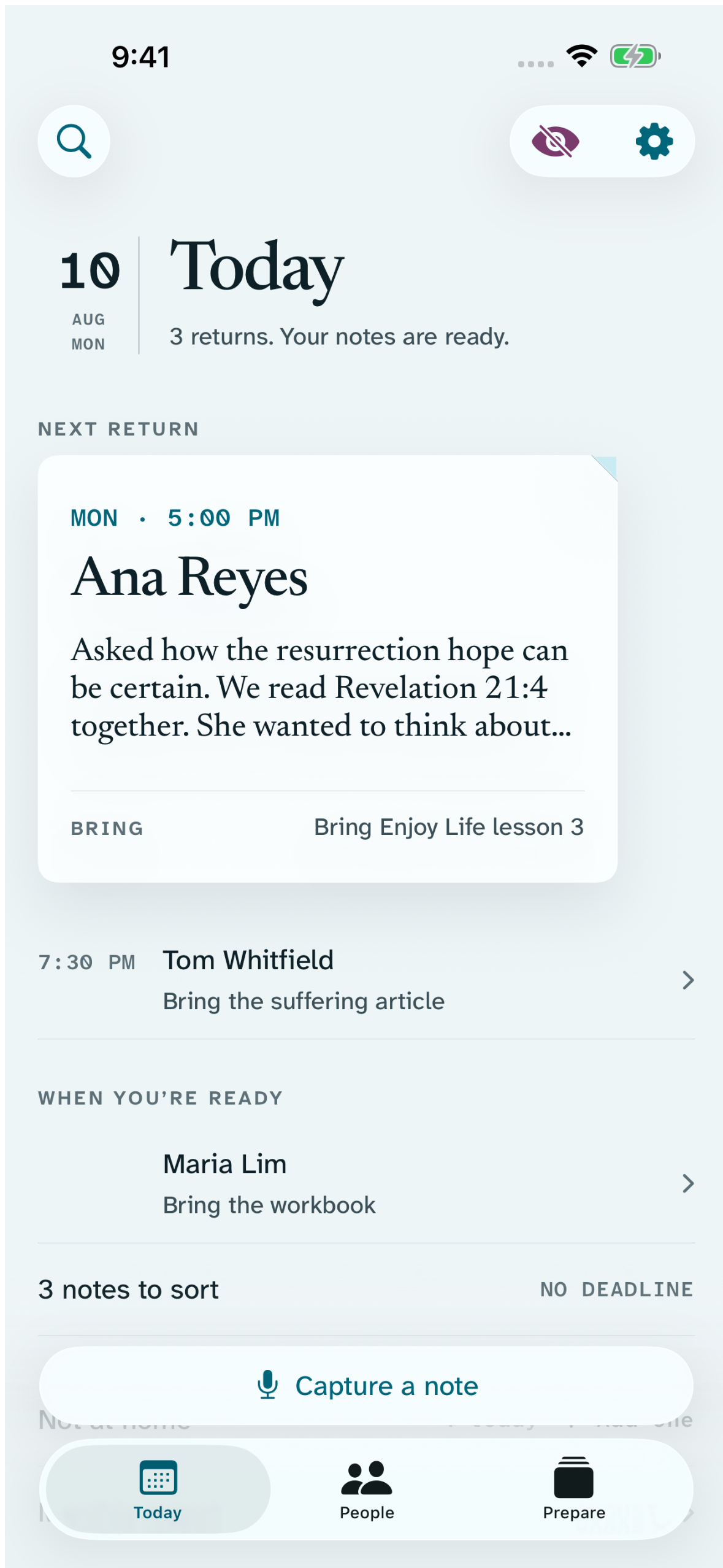 Return’s Today screen, with the next planned return and notes that can be sorted later.