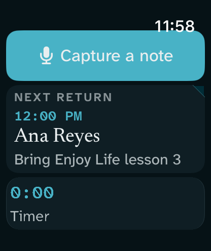 Return’s Apple Watch home with Capture, Next return, and Timer.